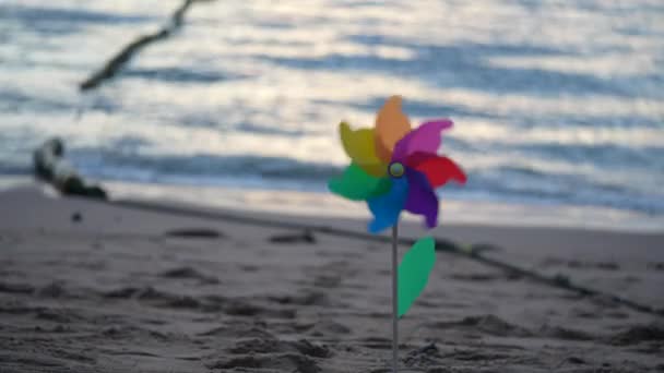Spinners Vento Estão Girando Praia Moinho Vento Brinquedo Plástico Colorido — Vídeo de Stock