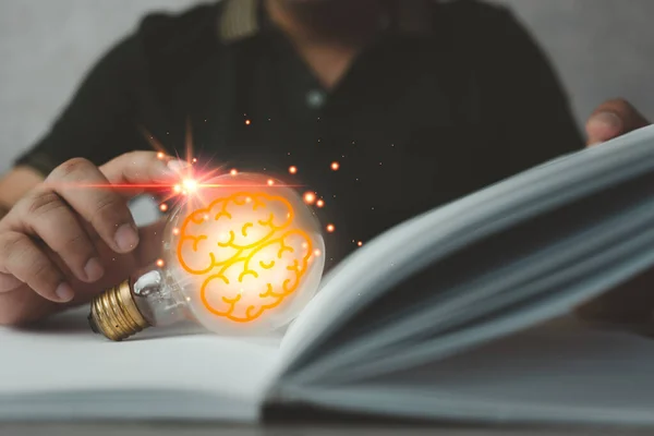 Light bulbs show ideas from opening a book with a brain icon inside, discovering new ideas. Educational and business education ideas, Inspiring from read, knowledge and searching for new ideas.