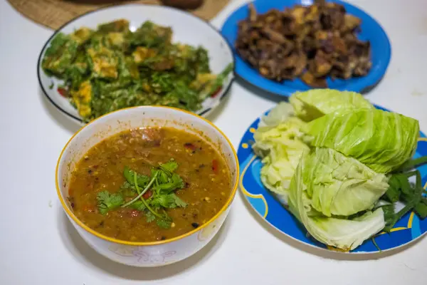 Many Thai food places on the table. Concept of Thai homemade food.