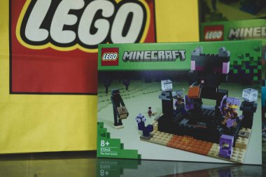 Bangkok, Tayland - 9 Ocak 2024: Bir kutu LEGO Minecraft The End Arena 21242. Yetenek ve hayal gücünü geliştiriyor. Minecraft oyununun karakterleri. LEGO, Danimarka merkezli bir oyuncak üretim şirketi.