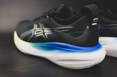 Bangkok, Tayland - 15 Ocak 2024: Koşu ayakkabıları ASICS Jel Nimbus 25 WIDE. Asics, spor malzemeleri üreten çok uluslu bir Japon şirketidir.