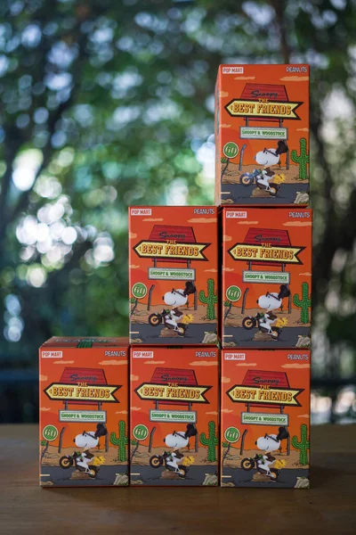BANGKOK, THAILAND - 5 Şubat 2024: bir kutu Snoopy the Best Friends dizisi figürleri. Malzeme: PVC / ABS, yaklaşık 10 cm boyunda. Tüm sette 9 tane kör kutu var.
