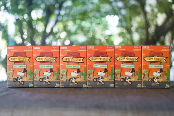 BANGKOK, THAILAND - 5 Şubat 2024: bir kutu Snoopy the Best Friends dizisi figürleri. Malzeme: PVC / ABS, yaklaşık 10 cm boyunda. Tüm sette 9 tane kör kutu var.