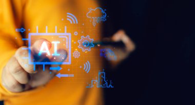 İnsan sanal yapay zeka ağı ikonlarına dokunur. Başlangıç teknolojisi hedef hedefi başarı ve modern sanal arayüz dönüşüm konsepti. Yapay zeka kavramı