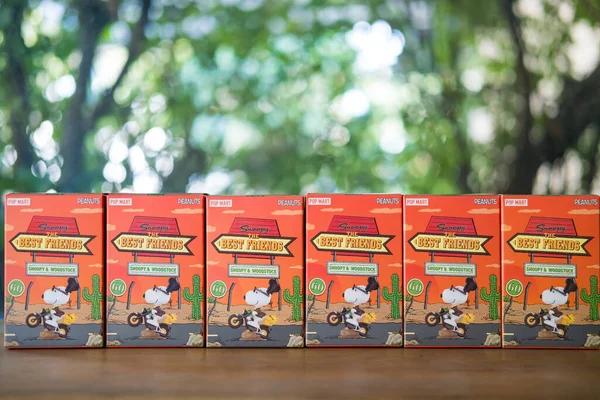 Bangkok, Tayland - 21 Şubat 2024: Bir kutu Snoopy the Best Friends dizisi figürleri. Tüm sette 9 tane kör kutu var.