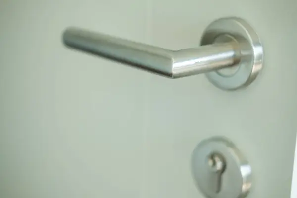 Modern metallic door handle on bedroom door