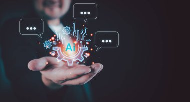 Konuşma baloncuğuyla sohbet konsepti. Zeki bir yapay zekayla sohbet etmek istediği cevapları ister. Akıllı fütürist asistan, OpenAI üretiyor. Gelecekçi teknoloji.