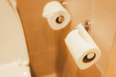 Otelde asılı duran parlak bir tutacağa tuvalet kağıdı rulosu.