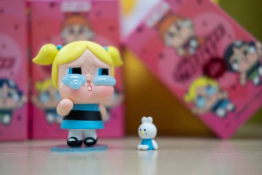 Bangkok, Thailand - April 26, 2024 : CRYBABY Powerpuff Girls Series Figures. Bubbles. Collection from Pop Mart blind box collectable cute toys design clipart