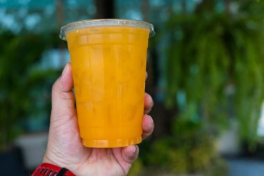 Plastik bardakta portakal suyu buzu. Sağlıklı portakal suyu detoks yeşil doğa arka planı