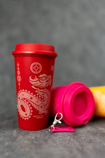 stock image Bangkok, Thailand - July 15, 2024 : Dragon reusable cup from Cafe Amazon, Get power to enhance your luck with cup name of Dragon pattern.