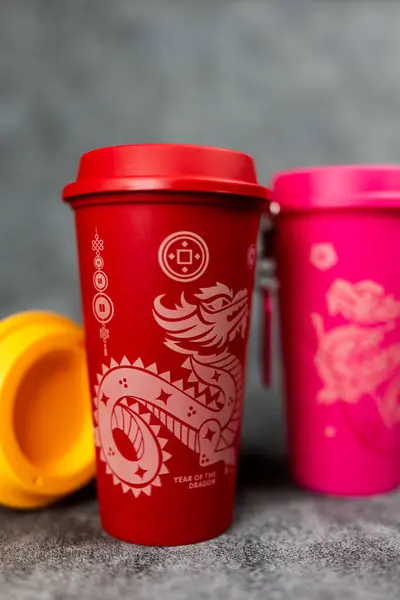 stock image Bangkok, Thailand - July 15, 2024 : Dragon reusable cup from Cafe Amazon, Get power to enhance your luck with cup name of Dragon pattern.