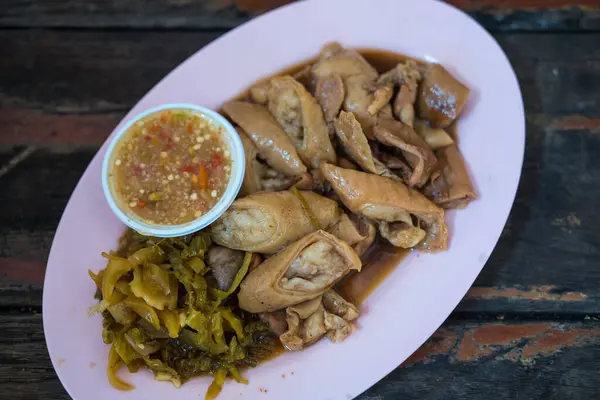 stock image Stewed pork intestines in sweet brown sauce. Thai famous food. Top view