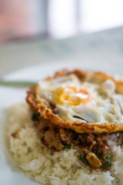 Bir tabak baharatlı fesleğen, domuz etiyle kızartılmış, üstünde çıtır çıtır yumurta enfes sunumu var.