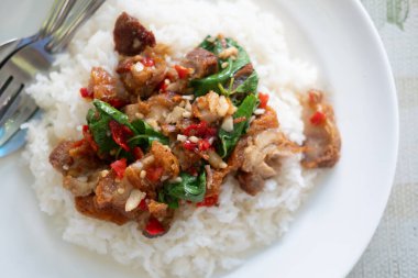 Pad Krapow Moo Krob ile pilav, çıtır domuz eti, kutsal fesleğen ve kızarmış yumurta, muhteşem bir sunum.