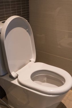 Klasik beyaz seramik klozet, su deposu ve koltuk kapağı açık.