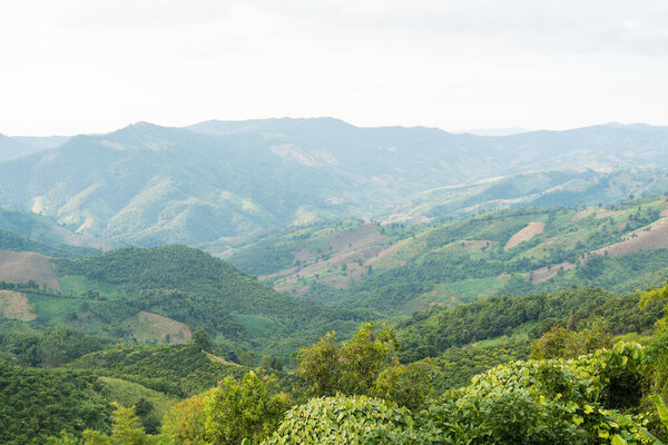 Aerial view. High mountain views and the verdant farmland of the countryside in  Sakat, Pua District, Nan, Thailand