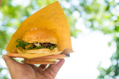 Doğa arka planına karşı kahverengi kağıt içinde domuz burger tutan eller.