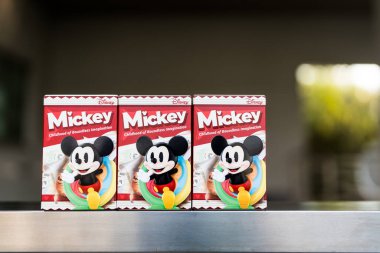 Bangkok, Thailand - January 31, 2025 : POP MART, Disney Mickey Childhood of Boundless Imagination Series Figures Box clipart