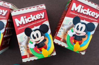 Bangkok, Thailand - February 5, 2025 : POP MART, Disney Mickey Childhood of Boundless Imagination Series Figures Box clipart