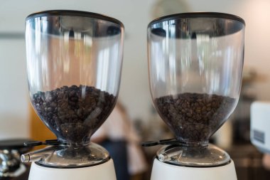 Kahve dükkanında şeffaf öğütücü fincanda kahve çekirdekleri.