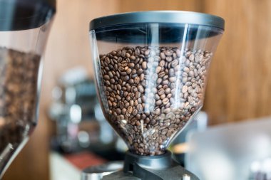 Kahve dükkanındaki öğütücüde kavrulmuş kahve çekirdekleri. Kapat.