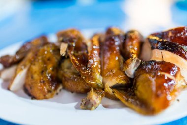 Tayland usulü sulu ızgara tavuk. Tabakta doğranmış. Kapat.