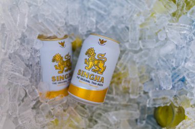 Bangkok, Tayland - 6 Haziran 2025 Singha Birası Orijinal Tayland Birası, buzla dolu bir kovada parti yapmaya hazır.