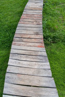 Tarladaki yeşil çimlerin arasında tahta tahta kaldırım.