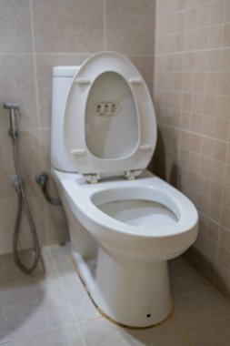 Modern banyoda sifonu beyaz tuvalet. Evin içinde özel tuvalet.