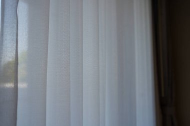 Yumuşak beyaz perdeler, parlak kapalı alandaki ışığı hafifçe filtreler.