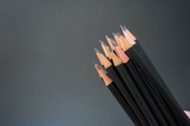 Siyah bir arka planda elinde tuttuğu bir grup siyah kalem..