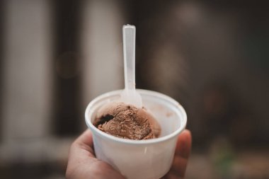 Çikolatalı dondurma, hazır yemek fincanında.