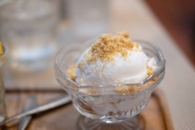 İçinde hindistan cevizli dondurma olan bir kase. Yaz dondurmalı tatlı.