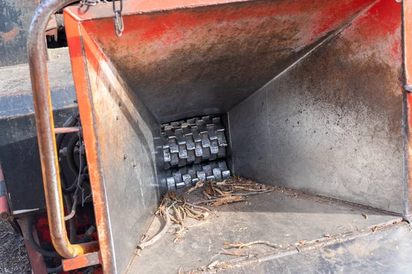 Arkaplanda odun öğütücünün alıcısına, römorka ve traktöre yakın çekim. Kullanılan ağaçların geri dönüşümü için toplama noktası.