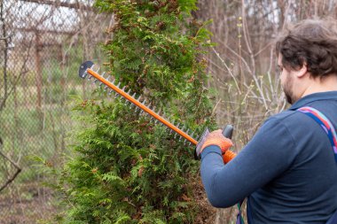 Profesyonel Peyzaj Bahçıvanı Koruyucu İş Giysileri Giyiyor Müşterinin Bahçesindeki Thuja Ağacı Şekillendiriyor Çit Kesme Güç Aracı Kullanıyor.