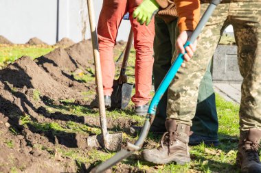 Kürekli eller. Çeşitli insanlar birlikte çukur kazıyor, birlikte ağaç dikiyor, gönüllü oluyor, hayır kurumu, insanlar ve ekoloji konsepti - grup gönüllüleri kürekle çukur kazıyor ve parka ağaç dikiyorlar..