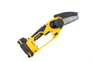 Small handheld lithium battery powered chainsaw for trimming, cutting trees or bushes branches, isolated on white background. Close-up. clipart