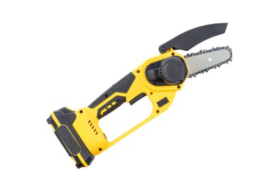 Small handheld lithium battery powered chainsaw for trimming, cutting trees or bushes branches, isolated on white background. Close-up. clipart