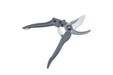 Çelik bahçe kesiciler, meyve budamak için gri kabzalı makas aletleri, bahçe işleri, beyaz arka planda izole. Açık eyalet. Üst Manzara. Yakın plan..