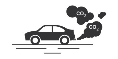 Araba egzozu CO2 Siyah Siluet Simgesi. Çevre kirliliği kavramı. Vektör illüstrasyonu beyaz arkaplanda izole edildi.