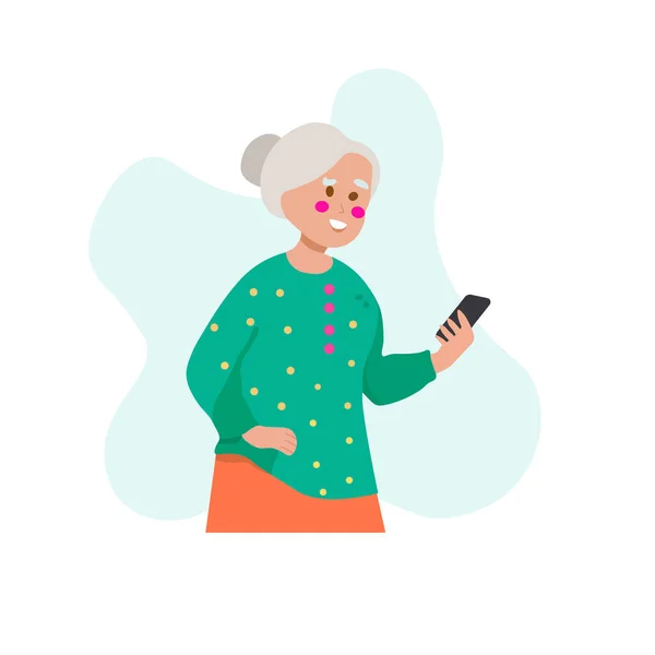 Mujer Anciana Felizmente Mirando Teléfono Inteligente Personas Mayores Que Usan — Vector de stock