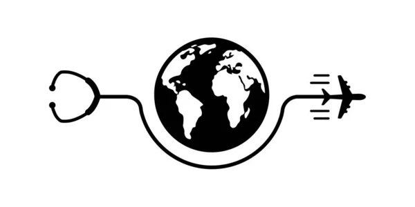 Orvosi Turizmus Ikon Stethoscope Repülőgép Föld Bolygó Izolált Vektor Illusztráció — Stock Vector