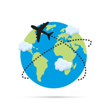 Dünya ikonu üzerinde uçan uçak. Seyahat konsepti. İzole vektör illüstrasyonu.