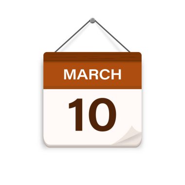 March 10, Calendar icon with shadow. Day, month. Meeting appointment time. Event schedule date. Flat vector illustration. 