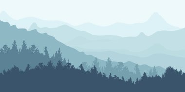 Horizontal mountain landscape with trees. Panoramic view of ridges and forest in fog, vector illustration.