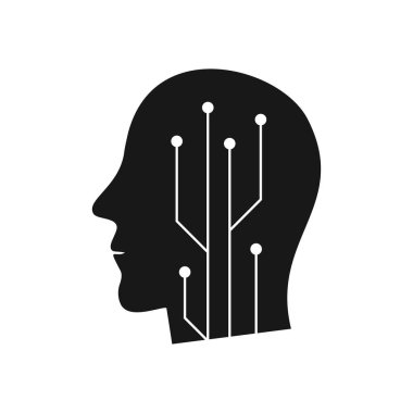 Artificial intelligence concept logo. Human head with circuit board outline icon. Isolated vector illustration