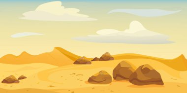 Hills and mountains silhouettes against desert landscape background. In cartoon style. Vector illustration