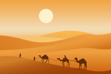 Çölden geçen deve kervanı. Afrika manzarası. İslami arka plan, afiş, poster, web sitesi, sosyal ve yazılı medya için kullanabilirsiniz. Vektör illüstrasyonu.