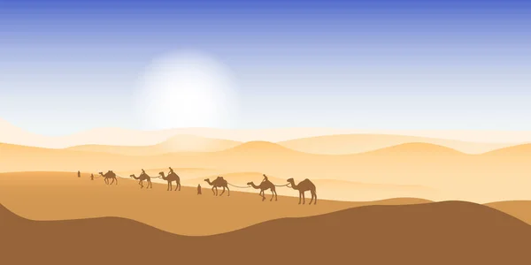 ラクダキャラバン砂漠を通過する アフリカの風景 イスラムの背景 バナー ポスター ウェブサイト ソーシャルメディア 印刷メディアに使用できます ベクターイラスト — ストックベクタ